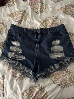 SHEIN Dark Blue High-Rise Ripped Distressed Frayed Denim Shorts 0XL Curve